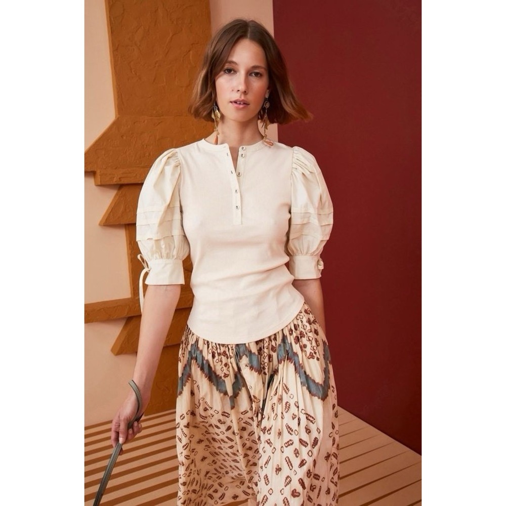 ULLA JOHNSON Iman Top Size P Cream Cotton Poplin Rib Knit Short Puff Sleeves XS